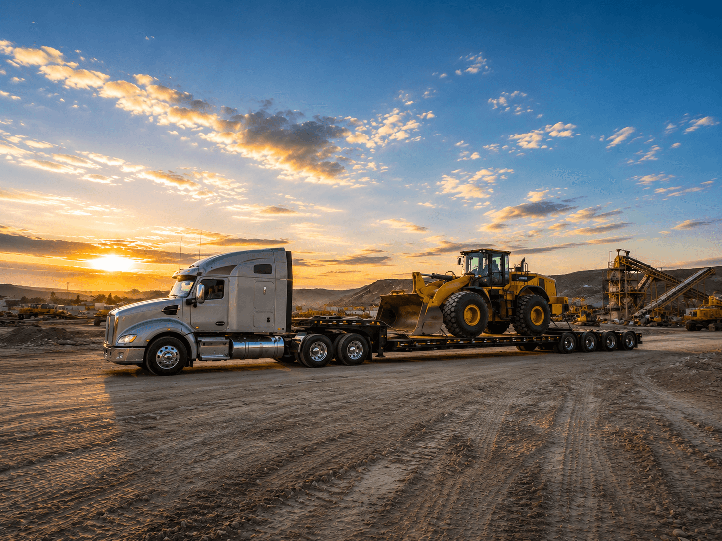 Semi truck hauling heavy construction equipment on a lowboy trailer through a dirt worksite at sunset.