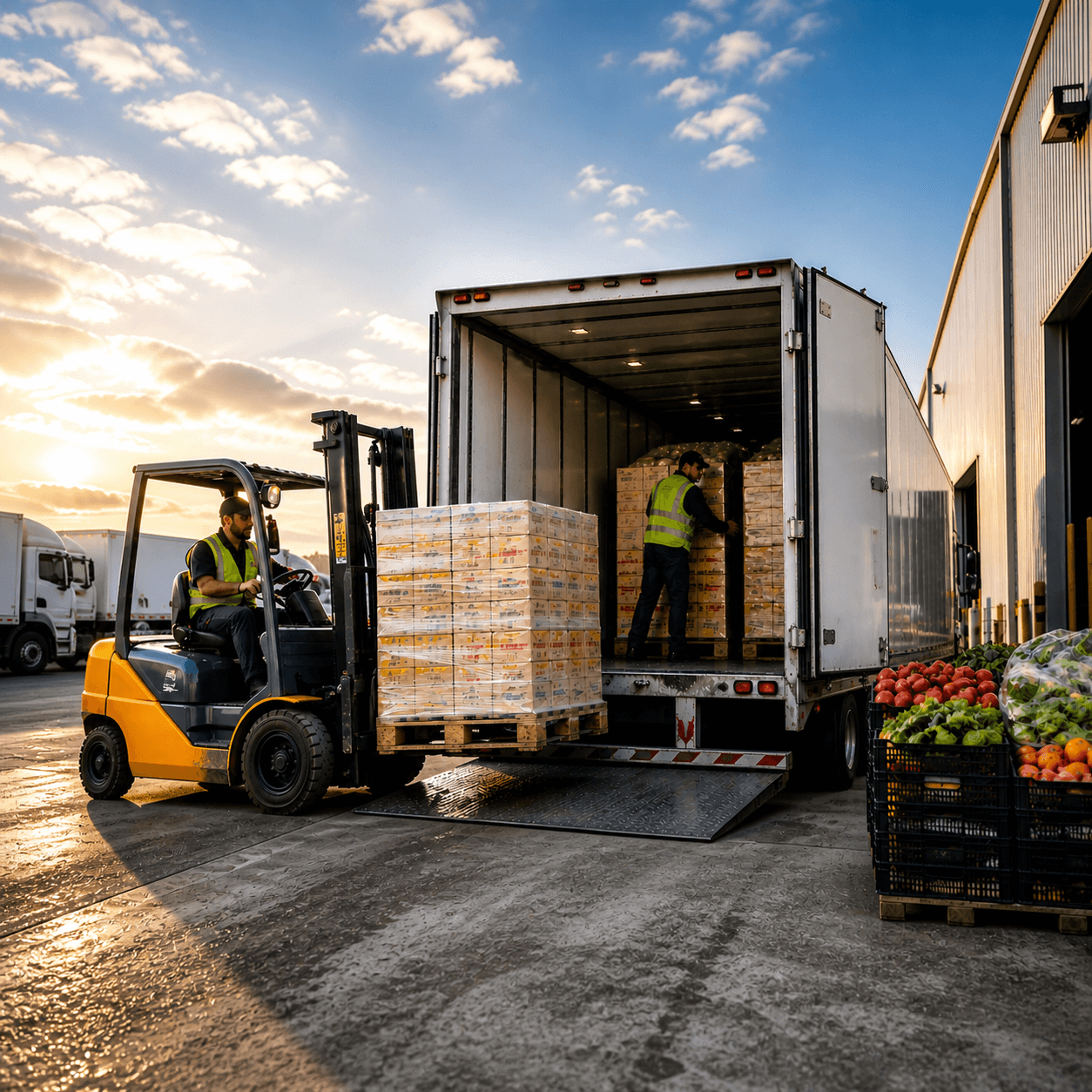 Forklift unloading palletized products into a refrigerated truck trailer outside a warehouse with fresh produce stacked nearby.