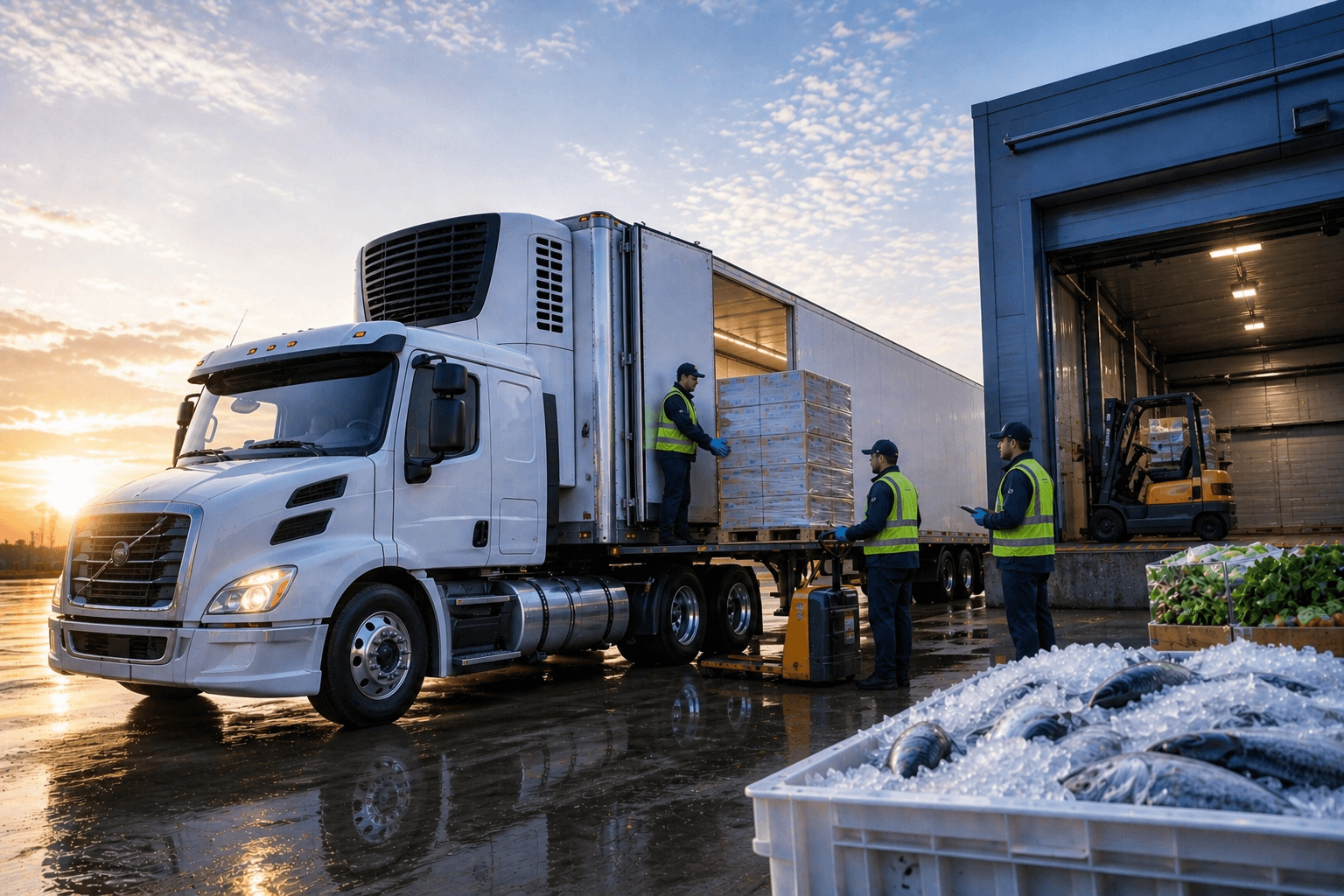 Refrigerated truck being loaded at a cold storage warehouse while workers handle pallets and fresh seafood packed on ice nearby.