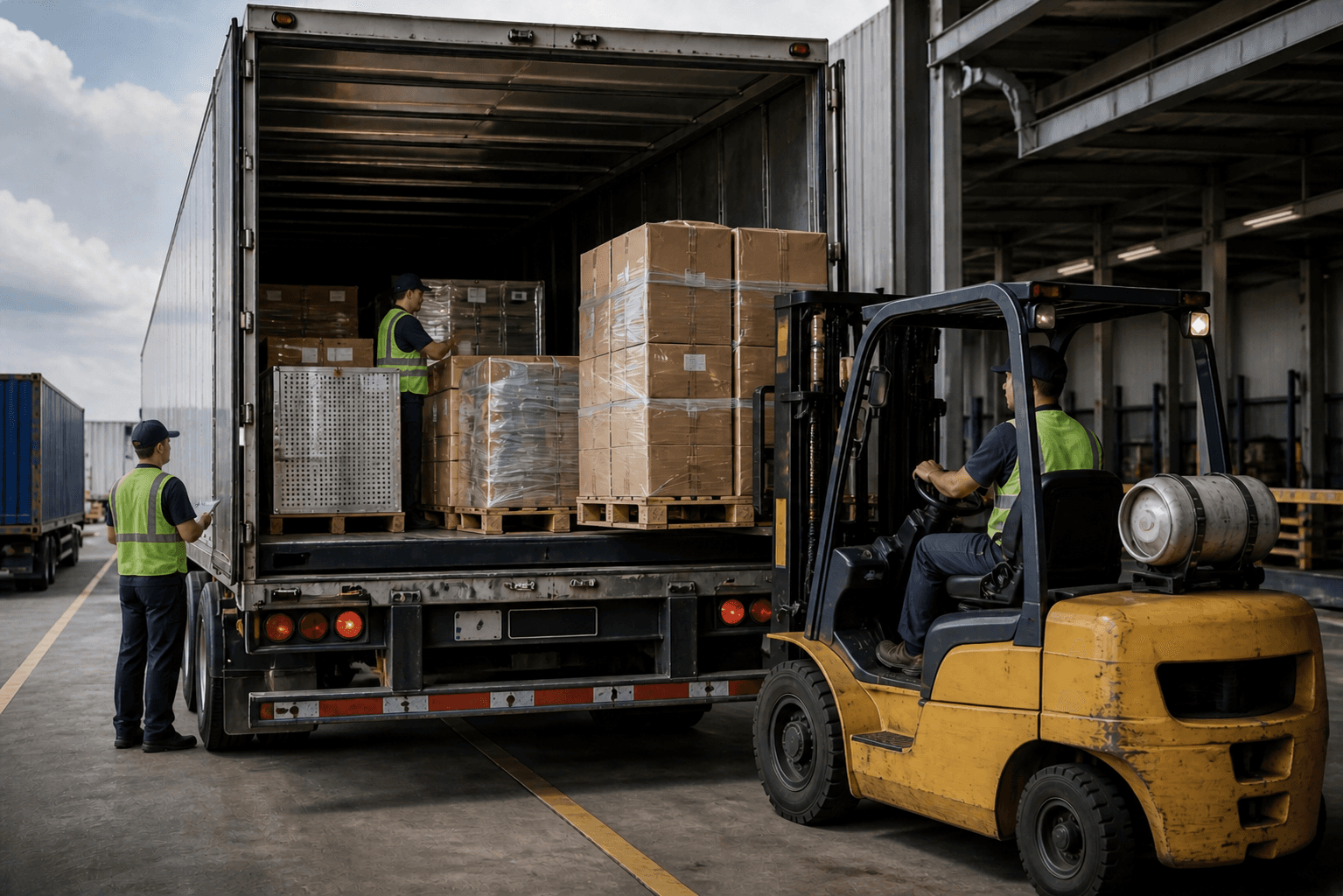 Forklift operator loading boxed pallets into a trailer while warehouse workers check and organize freight at the loading dock.