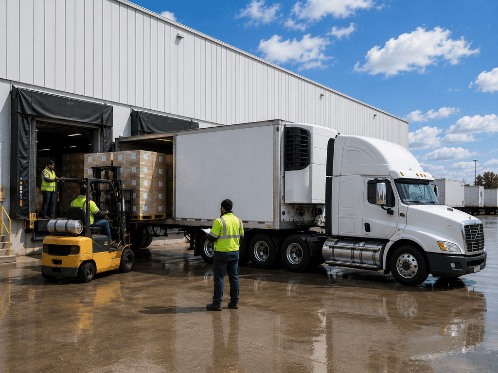 Forklift loading palletized freight into a refrigerated truck while warehouse staff manage shipments at the loading dock.