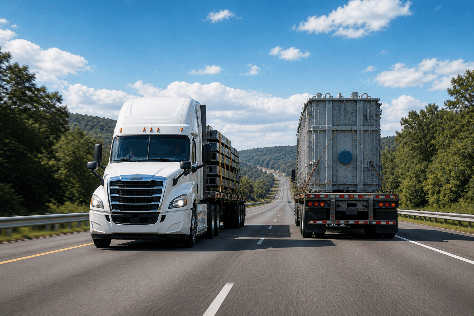 Two semi trucks driving side by side on a highway, one carrying stacked cargo and the other hauling oversized industrial equipment through a forested area.