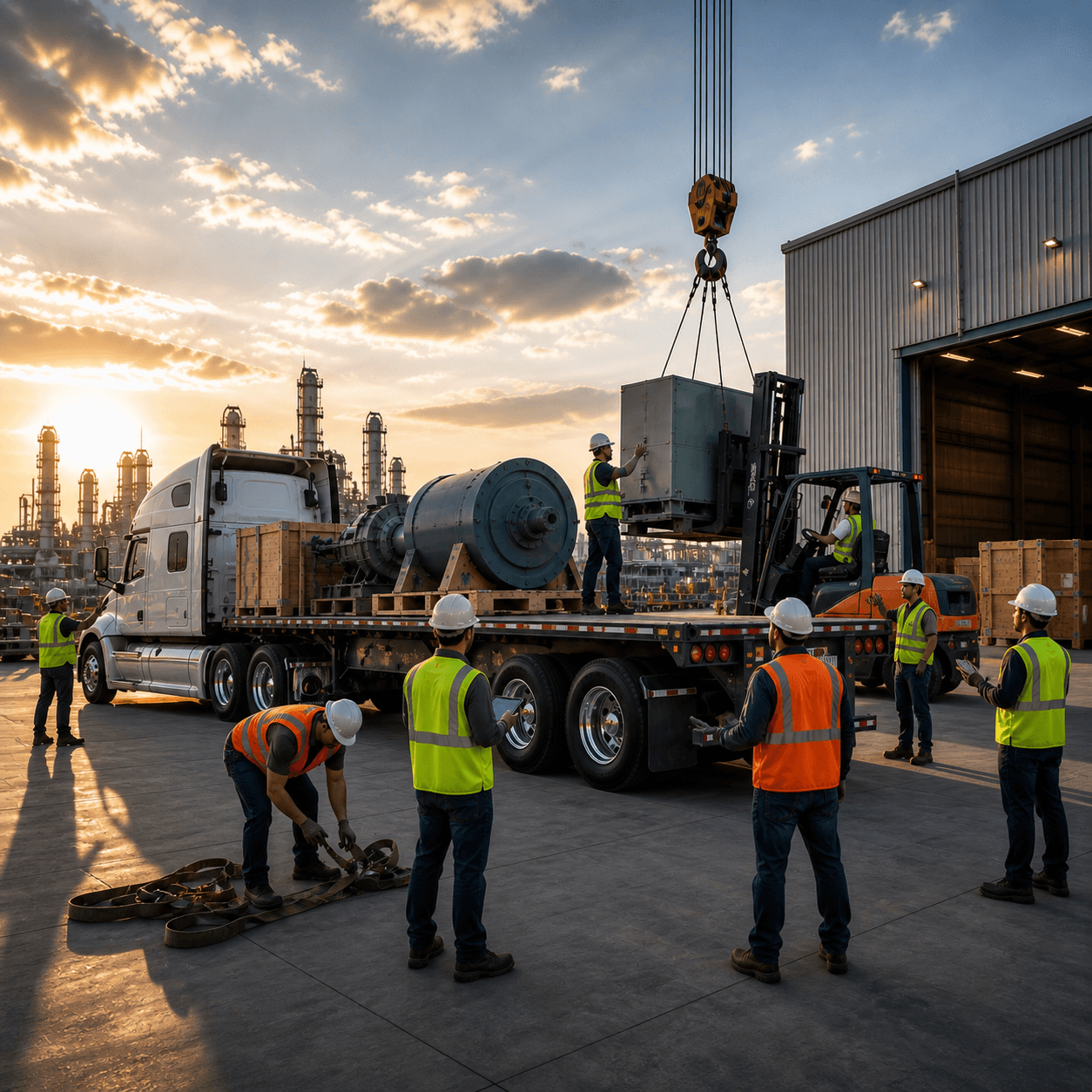 Workers loading heavy industrial equipment onto a flatbed semi truck at a refinery site using a crane and forklift.